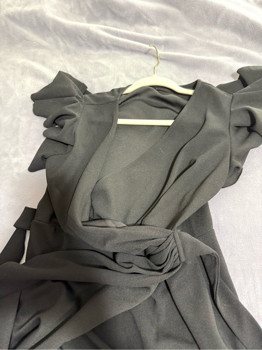 Black Faux Wrap Dress Ruffle Flutter Sleeve V-Neck Size L - Picture 8 of 10